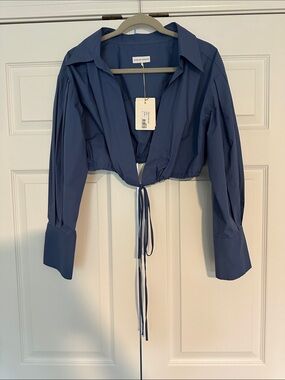 KHAITE Navy Cropped Drawstring Button-Down Shirt